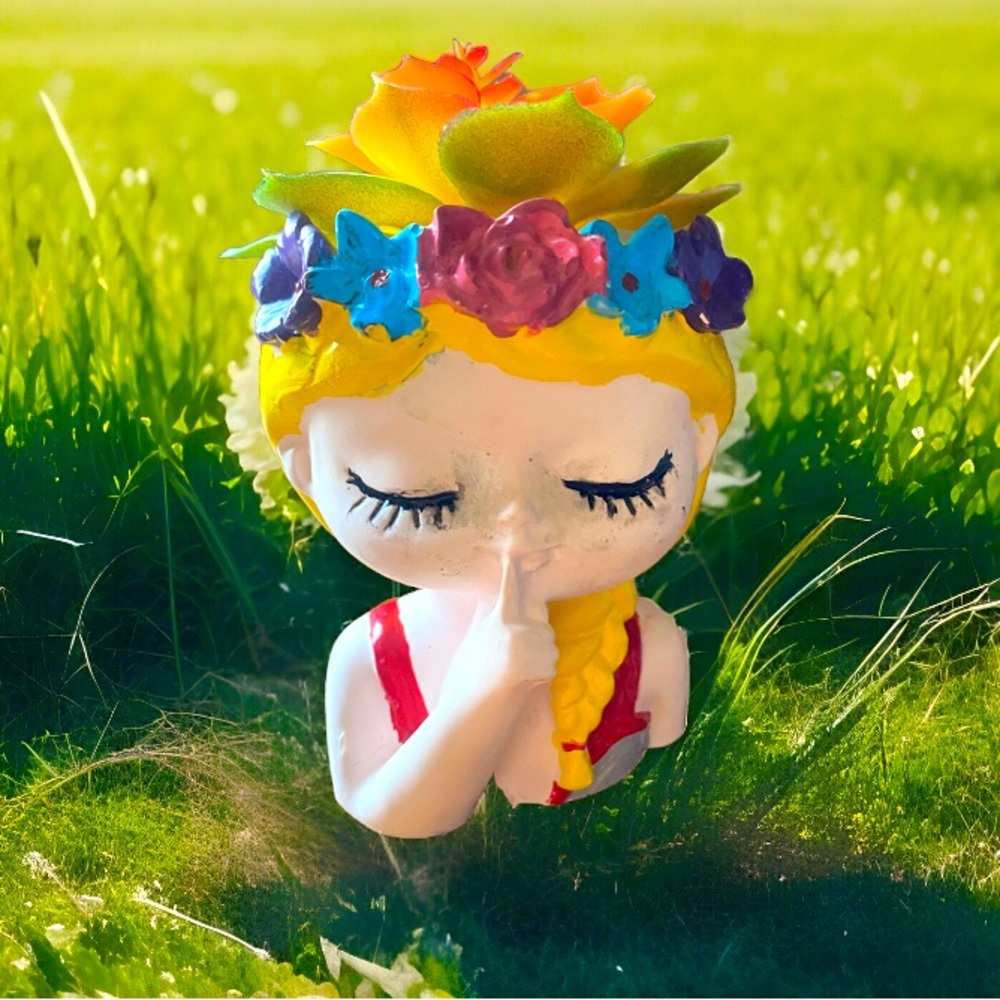 Girl Head Planter Made of Resin and Hand Painted